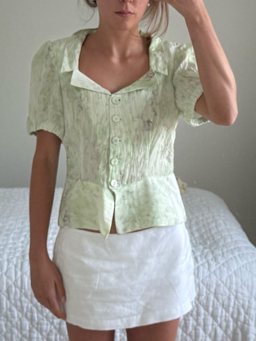 Light Green Puff-Sleeve Button Front Blouse